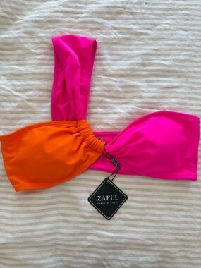 Zaful Neon Pink and Orange Twist Bandeau Bikini Top NWT